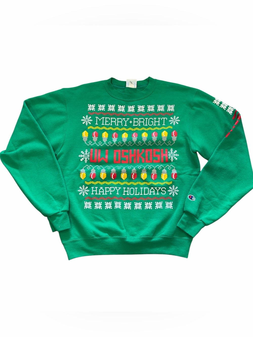 Vintage Champion UW Oshkosh Green 'Merry & Bright' Holiday Crewneck